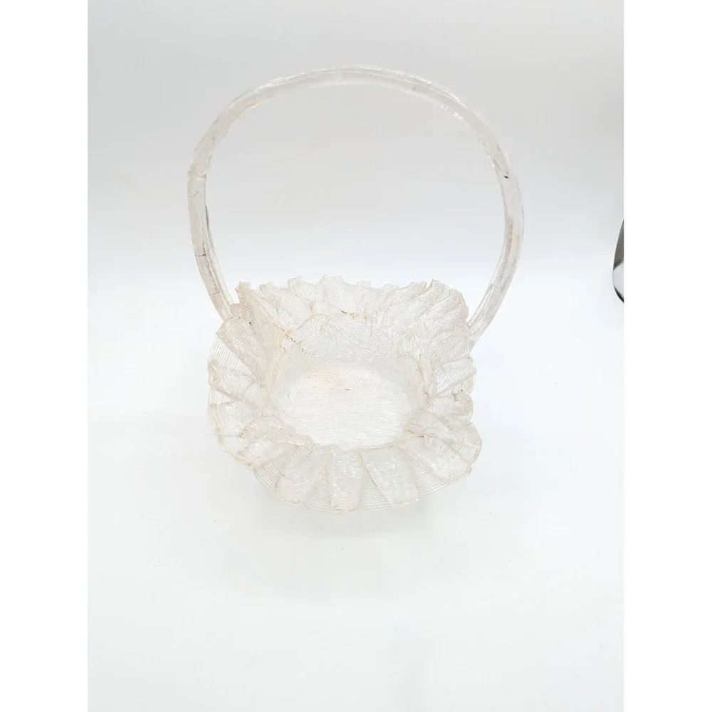Vintage Clear Spun Glass Ruffled Basket Arched Handle Centerpiece Decor 8.5